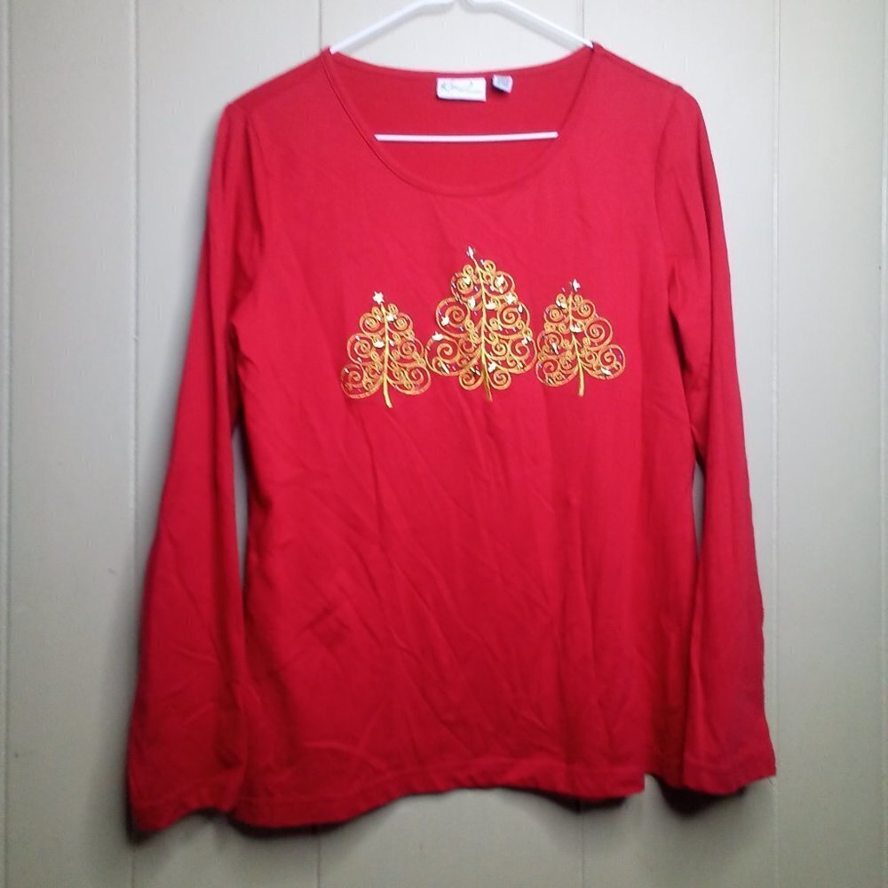 Kim Rogers Shirt M Christmas Tree Long Sleeve Red